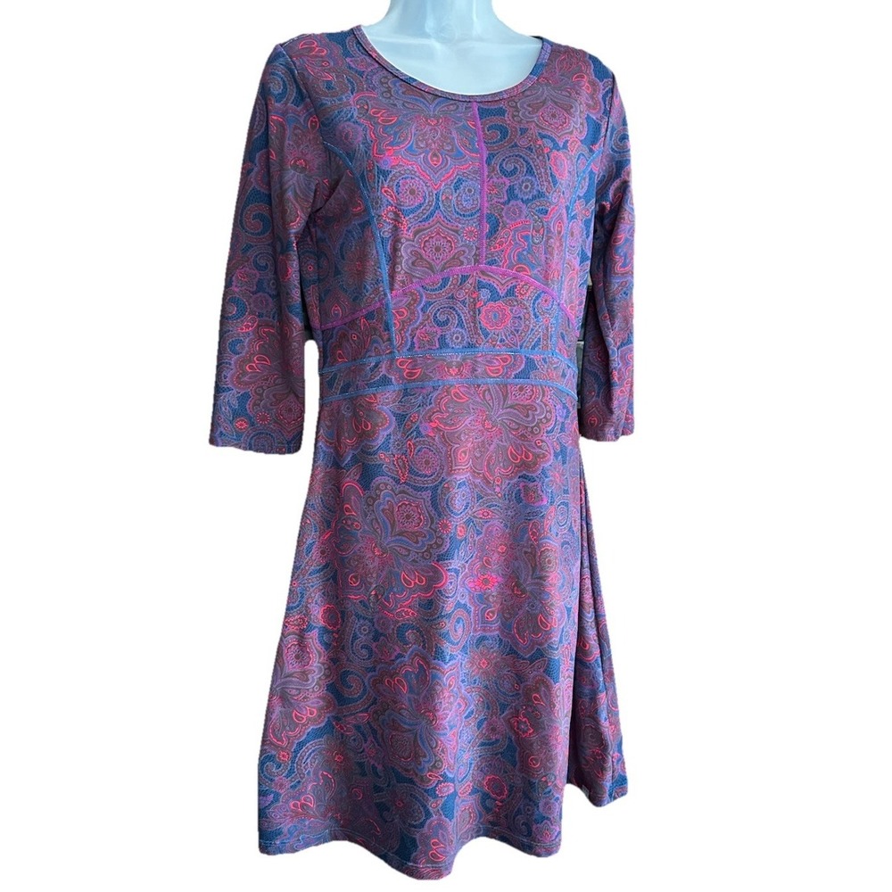 Title Nine Dress Dream Womens S Red‎ Blue Paisley 3/4 Sleeve Stretch Fit Flare